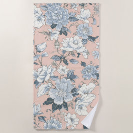 Toalha De Praia Peônias Azuis Floral Botânico Vintage Pêssego