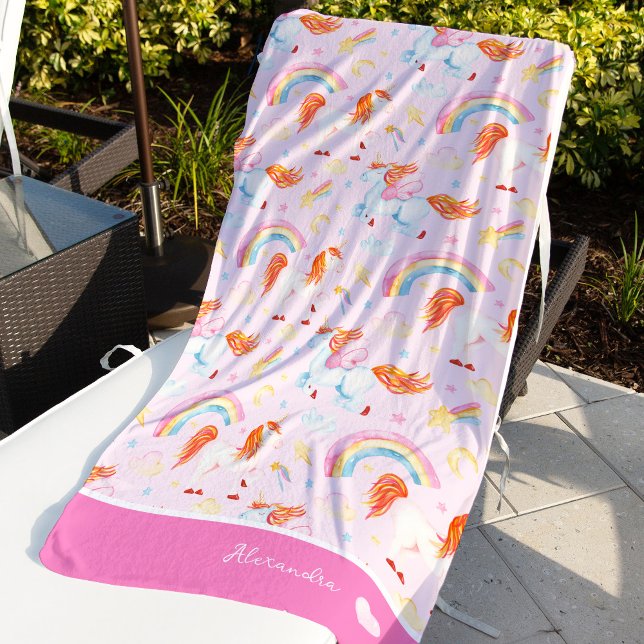 Toalha De Praia Pequena Garota Rosa Pink Unicorn Padrão com Nome (Criador carregado)