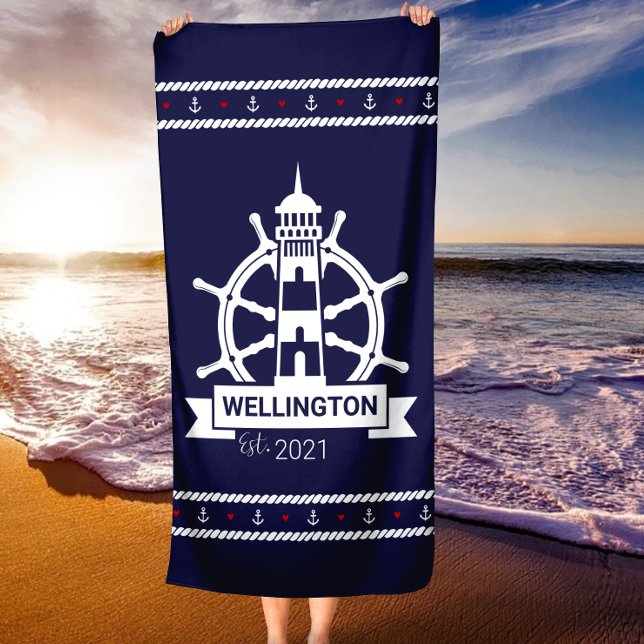 Toalha de praia personalizada do farol do Marinho  (Nautical Navy Lighthouse Custom Beach Towel)