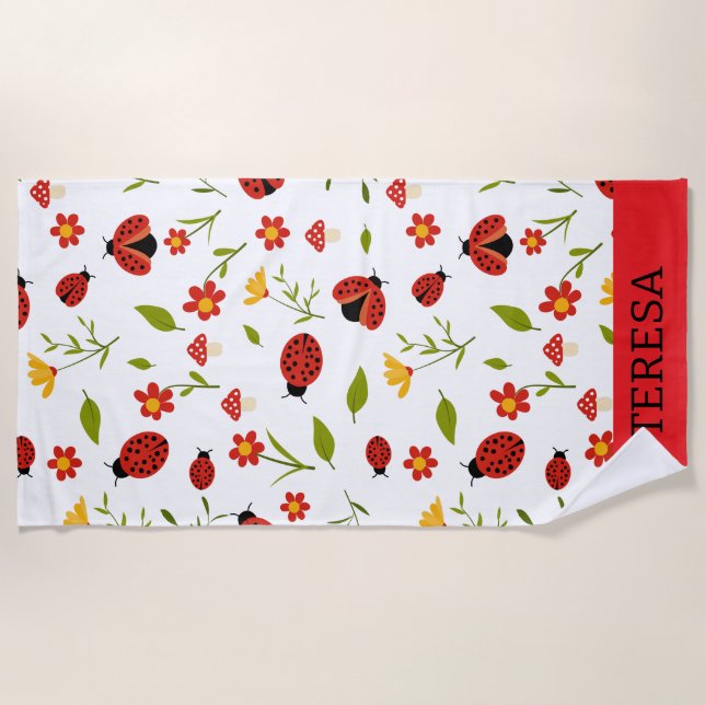 Toalha de Praia Personalizada Red Daisy Ladybug Fl (Frente)