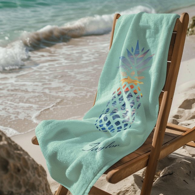 Toalha De Praia Personalizado de Abacaxi de Praia Sunset (Tropical Pineapple Teal Beach Towel)
