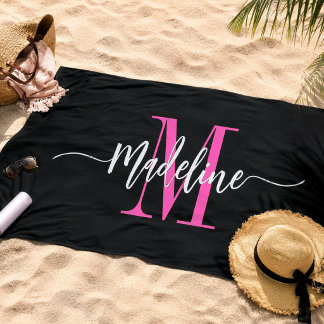 Toalha De Praia Personalizado Nome Monograma Moderno Estilo Rosa