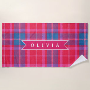Toalha De Praia Personalizado Rosa Fúcsia Xadrez Préppy Individual