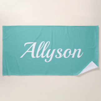Toalha De Praia Personalizar Nome, Script Branco / Teal
