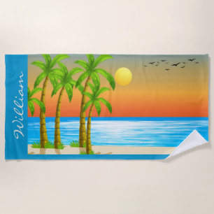 Toalha De Praia Personalizar Paisagem Costeira Pássaros Palmeiras