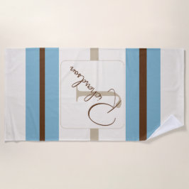 Toalha De Praia Personalized Blue Brown Stripe Monogram Coastal