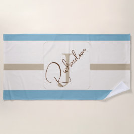 Toalha De Praia Personalized Blue Brown Stripe Monogram Coastal