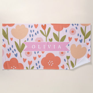 Toalha De Praia Personalized pink nordic cute folk floral pattern