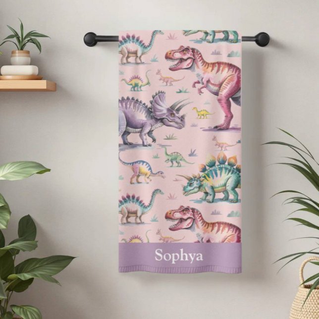 Toalha De Praia Personalized Pink Watercolor Kids Dinosaur (Criador carregado)