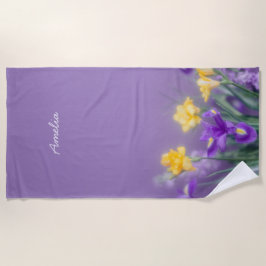 Toalha De Praia Personalized Purple and Yellow Iris Flowers