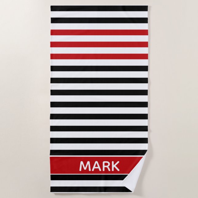 Toalha De Praia Personalized Red Black And White Multi Stripe  (Frente)