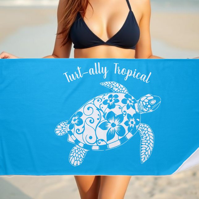 Toalha De Praia Pescador de Tartaruga Havaiana - Azul-claro estéti (Hawaiian Turtle-Tropical Flowers, Elegant Tribals, summer, beach, fisherman aesthetic, Beach Towel)