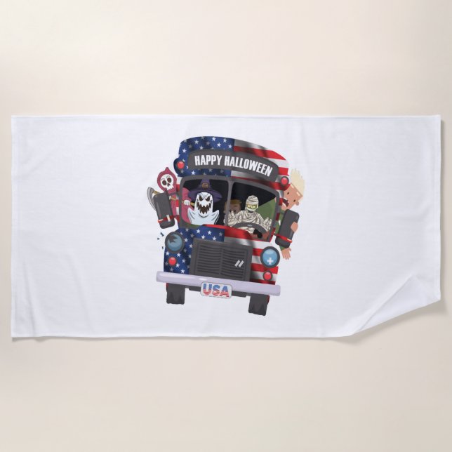 Toalha De Praia pessoas de festas de camisa de ônibus do halloween (Frente)