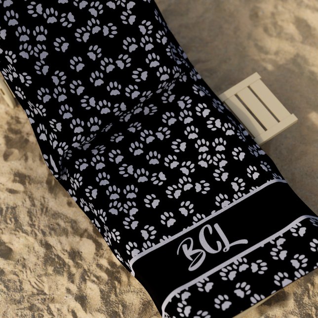 Toalha De Praia Pet Paw Print Pattern Cat Lover Black Beach Towel (Purrfect pet paw print beach towel for the cat lover in your life. Just add their initials)