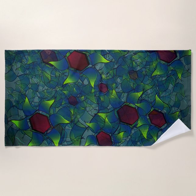 Toalha De Praia pétalas virtuais azuis, folhas e hexágono vermelho (Frente)