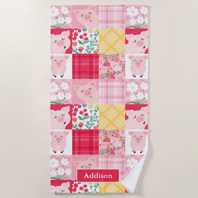 Toalha De Praia Pig Patchwork Floral Rustic Personalizada (Frente)