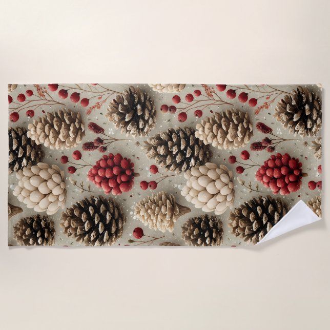 Toalha De Praia Pinecones e Berries Vermelhos (Frente)