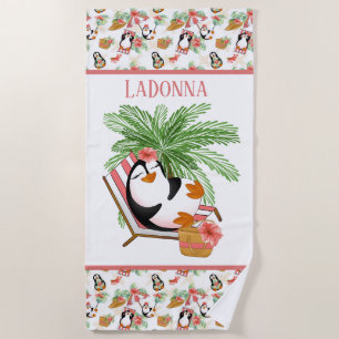Toalha De Praia pinguim de praia bonito, adiciona nome Beach Towel