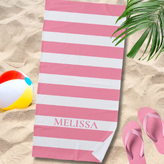 Toalha De Praia Pink And White Striped Name Cabana Stripe