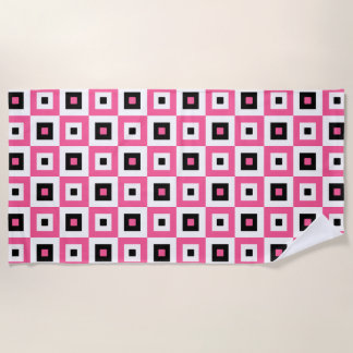 Toalha De Praia Pink Black and White Checkered Squares Pattern