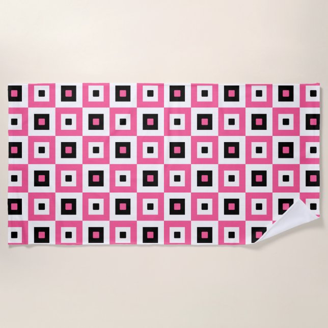 Toalha De Praia Pink Black and White Checkered Squares Pattern (Frente)