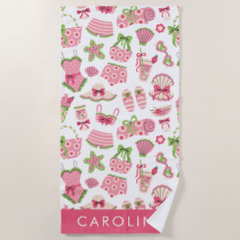 Toalha De Praia Pink & Green Coquette Summer Beach Vacation