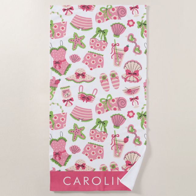 Toalha De Praia Pink & Green Coquette Summer Beach Vacation (Frente)