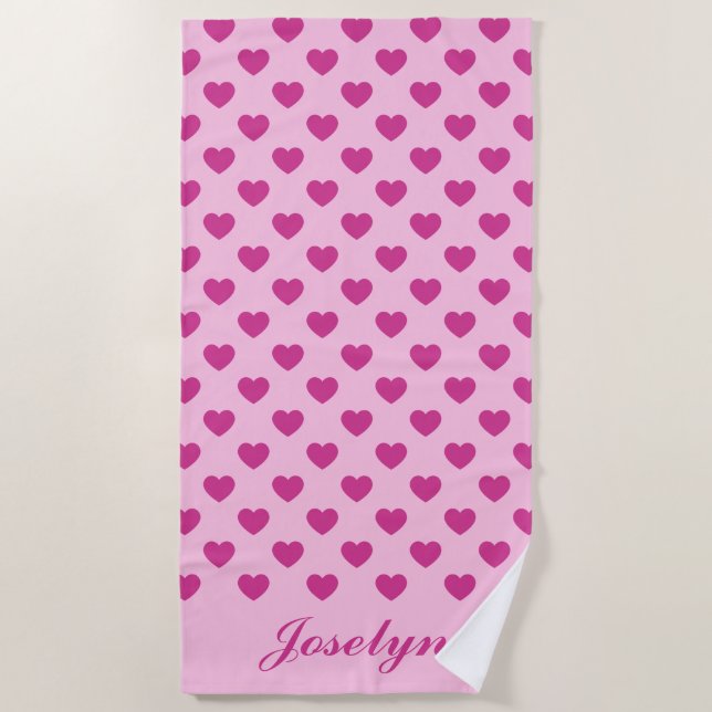 Toalha De Praia Pink Heart Pattern & Name Preppy y2k Beach Towel (Frente)