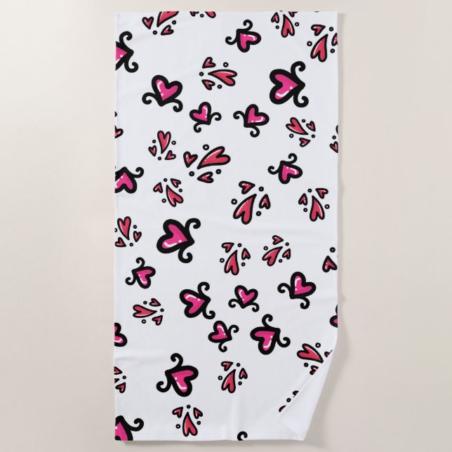 Toalha De Praia Pink Hearts Pattern – Cute Doodle Design (Frente)