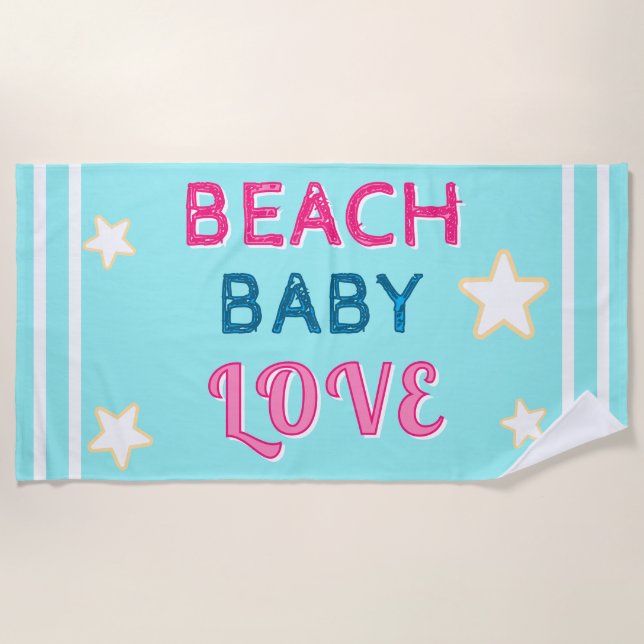 Toalha De Praia Pink Light Blue Beach Baby Love Stars (Frente)