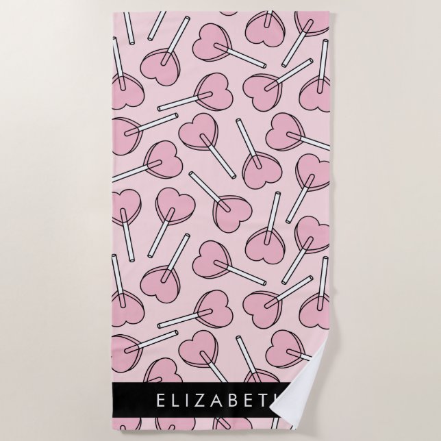 Toalha De Praia Pink Lollipops, Heart Lollipops, Lolly, Your Name (Frente)