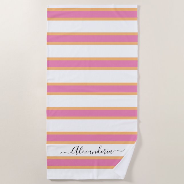 Toalha De Praia Pink Tangerine White Modern Preppy Strips Beach (Frente)