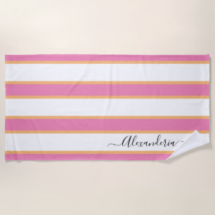 Toalha De Praia Pink Tangerine White Modern Preppy Strips Beach