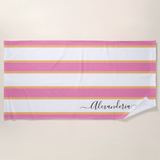 Toalha De Praia Pink Tangerine White Modern Preppy Strips Beach