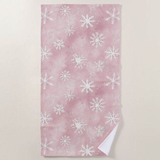 Toalha De Praia Pink White Snowflakes Christmas (Frente)