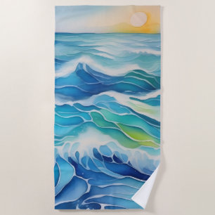Toalha De Praia Pintura aquosa de ondas azuis