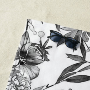 Toalha De Praia Pintura Botânica Floral em Aquarela Chinesa