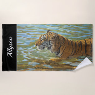 Toalha De Praia Pintura Da Nadação De Tigre DIY Name Preto