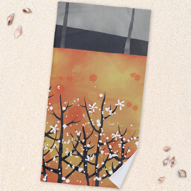 Toalha De Praia Pintura de Primavera do Flor do Espinho Negro (Blackthorn blossom modern abstract landscape art beach towel)