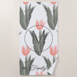 Toalha De Praia Pintura de Tulipas Monogramas Peach da Família El