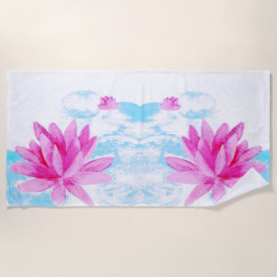 Toalha De Praia Pintura em Aquarela com Flor de Lotus Rosa