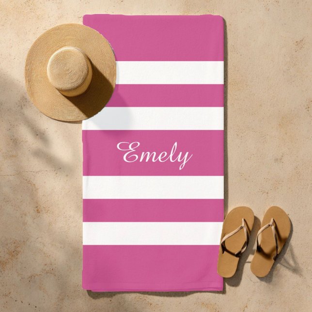 Toalha De Praia Piscina rosa com nome moderno (Modern Name Pink Striped Pool Beach Towel)