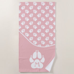 Toalha De Praia Pistas de Cachorros Cor-de-Rosa e Branco e Monogra