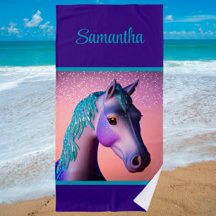 Toalha De Praia Pôneo Mágico em Roxo e Teal com Nome Personalizado
