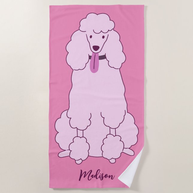 Toalha De Praia Poodle Rosa de Nome Personalizado (Frente)