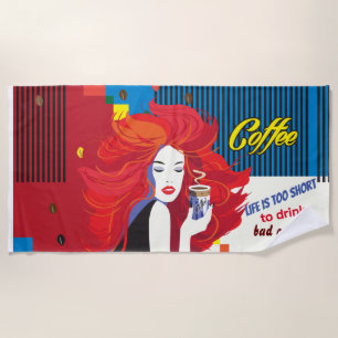 Toalha De Praia pop-ART "Bonita Mulher da Moda e Taça do Café"