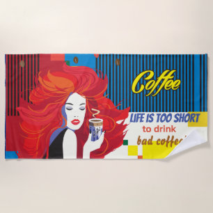 Toalha De Praia pop-ART "Bonita Mulher da Moda e Taça do Café"