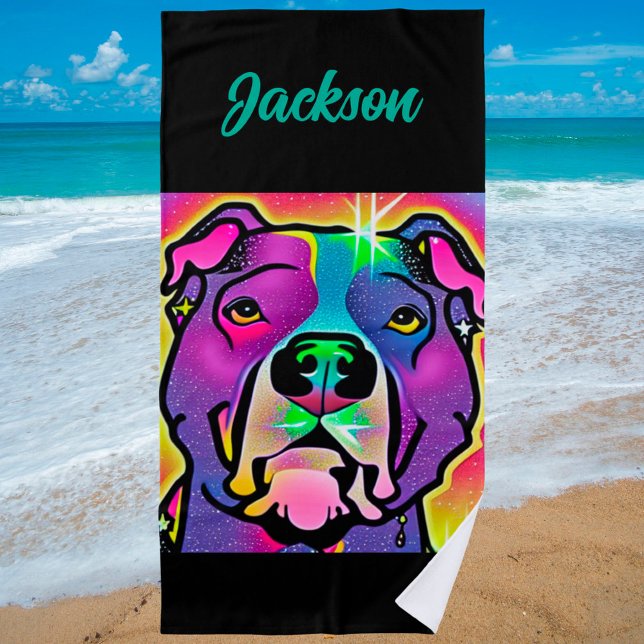Toalha De Praia Pop de Arte do Cão Pitbull Personalizada (Criador carregado)