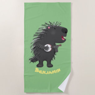 Toalha De Praia Porcupine engraçado bonito tocando cartum banjo