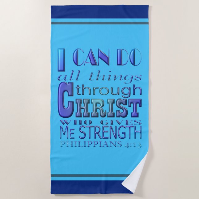 Toalha De Praia Posso fazer tudo através do Cristo Texto Azul (Frente)